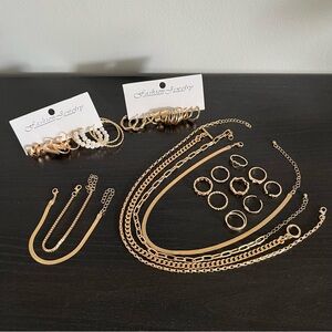 Jewelry Gold-Tone Layering 4 Necklaces, 2 Bracelets, 9 Rings and 12 Earrings Set